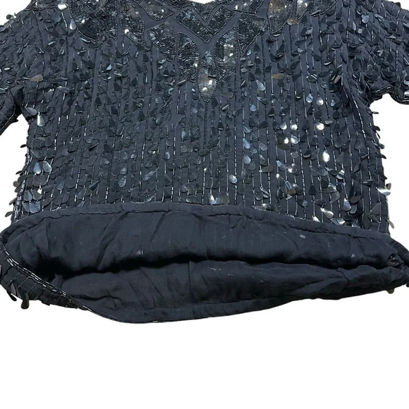 Vintage Lilli Diamond Black Sequin V Neck Silk Blouse Short Sleeve Size Medium - Picture 6 of 8
